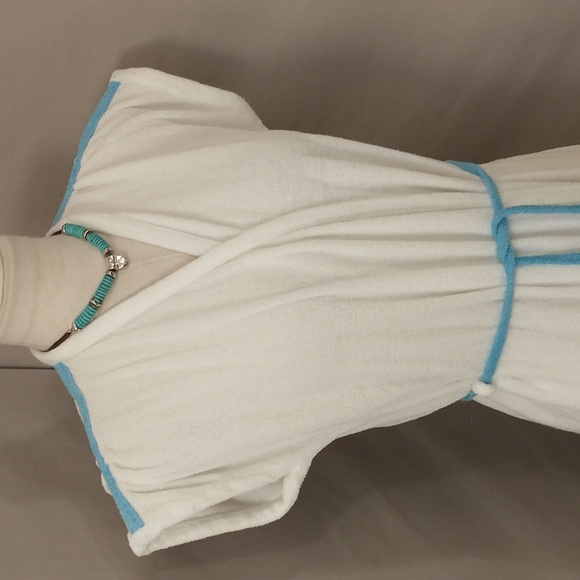 Vintage 70s Soft Terry Robe Long Wrap Authentic Seventies White w Cerulean Blue - Picture 2 of 11